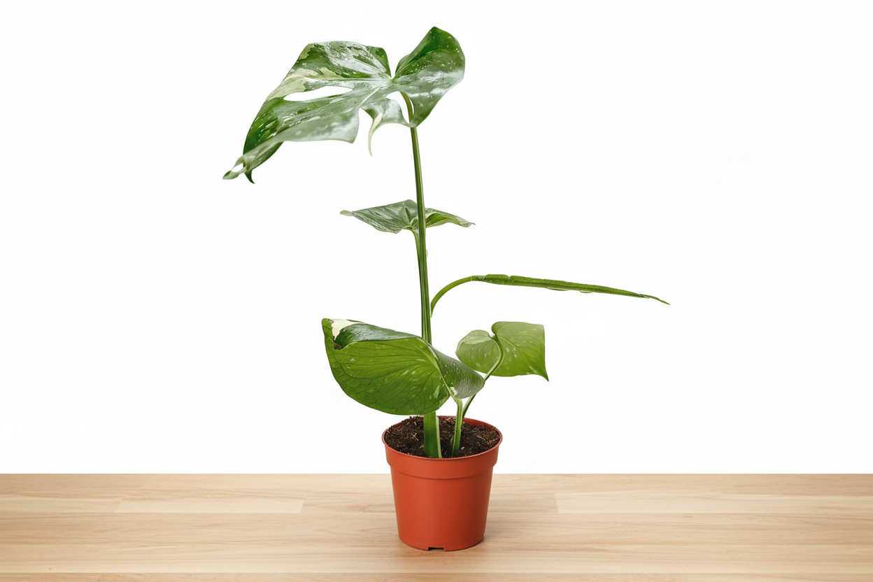 Monstera Thai Constellation plant in an orange pot, featuring green leaves with creamy white variegation.
