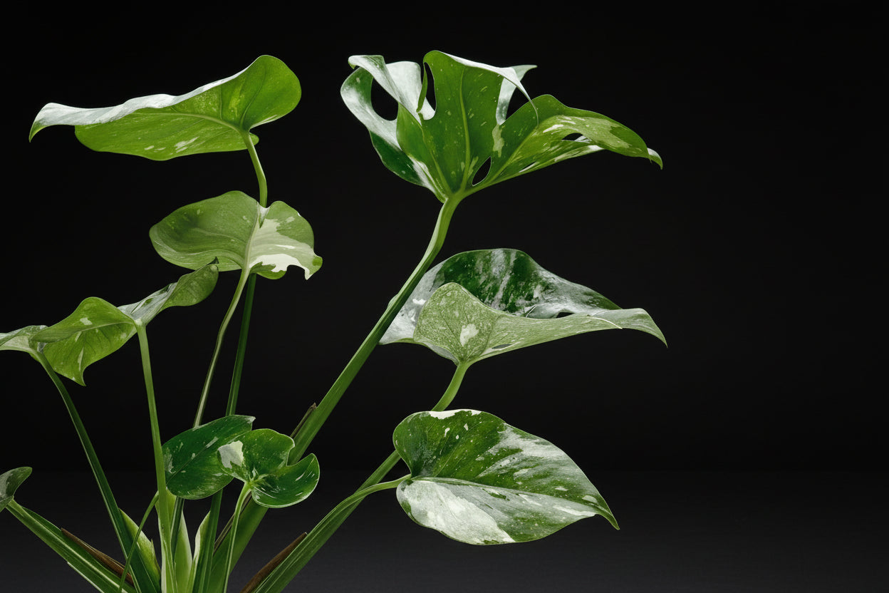 Monstera 'Thai Constellation' plant with green leaves and creamy white variegation against a dark background.