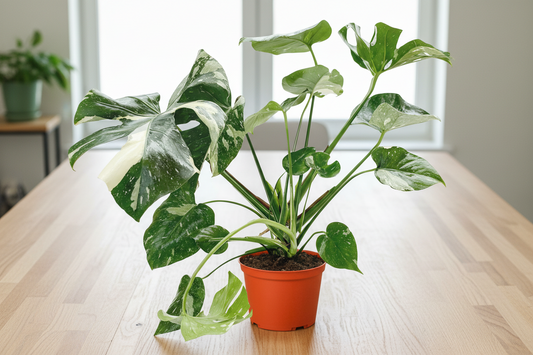 Monstera 'Thai Constellation' plant with variegated green and creamy white leaves in an orange pot.
