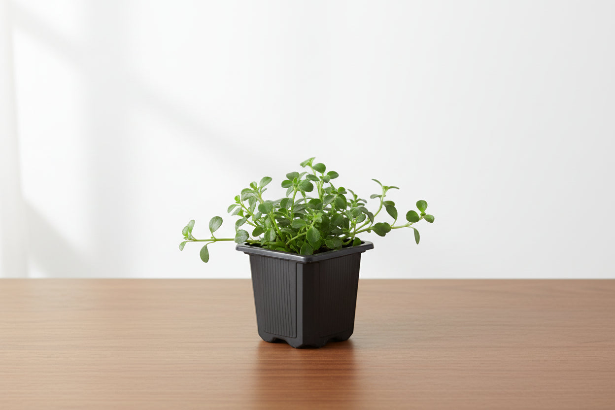 Small Nettle 'Baby's Tear' plant in a black square pot on a wooden surface.