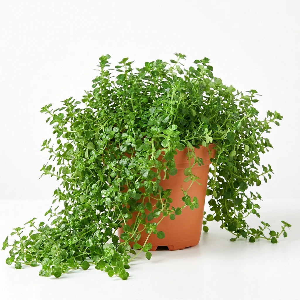 A potted nettle baby’s tear plant with trailing green small leaves in a 6” brown pot on a white surface.