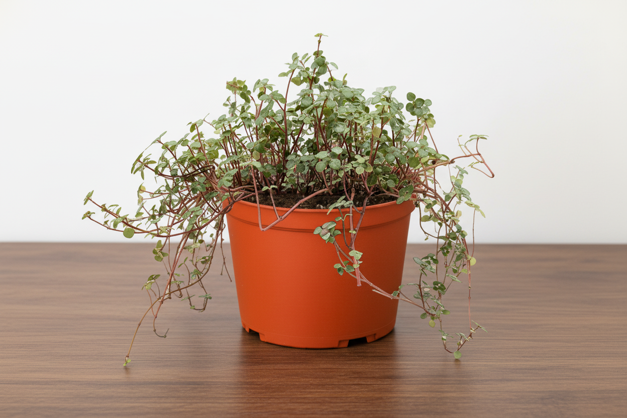 Nettle 'Silver Sparkle' in an orange pot, with small, trailing silver-green leaves and deep green veins.