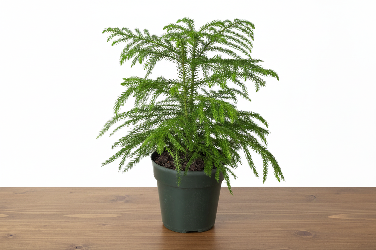 Green Norfolk Island Pine in a dark green pot on a light brown wooden surface.