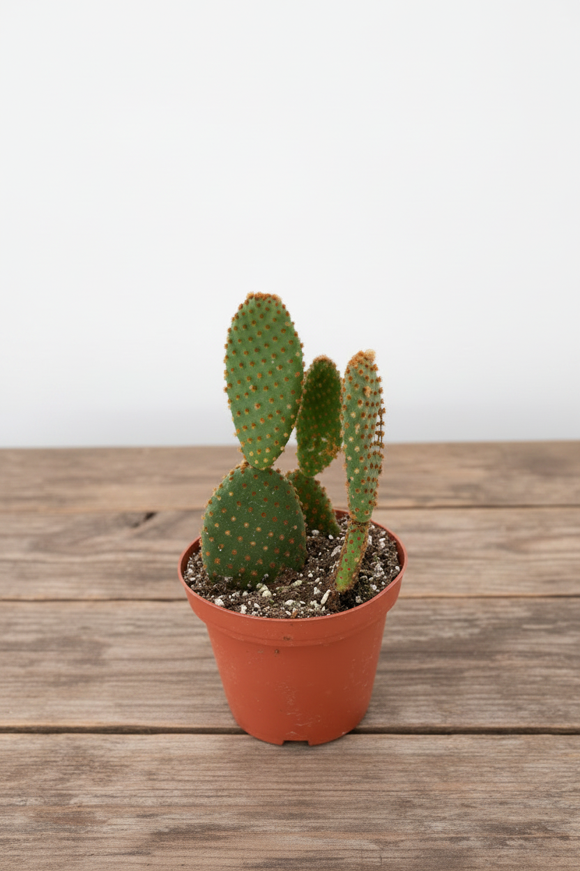 a small potted cactus on a wooden surface with a white background