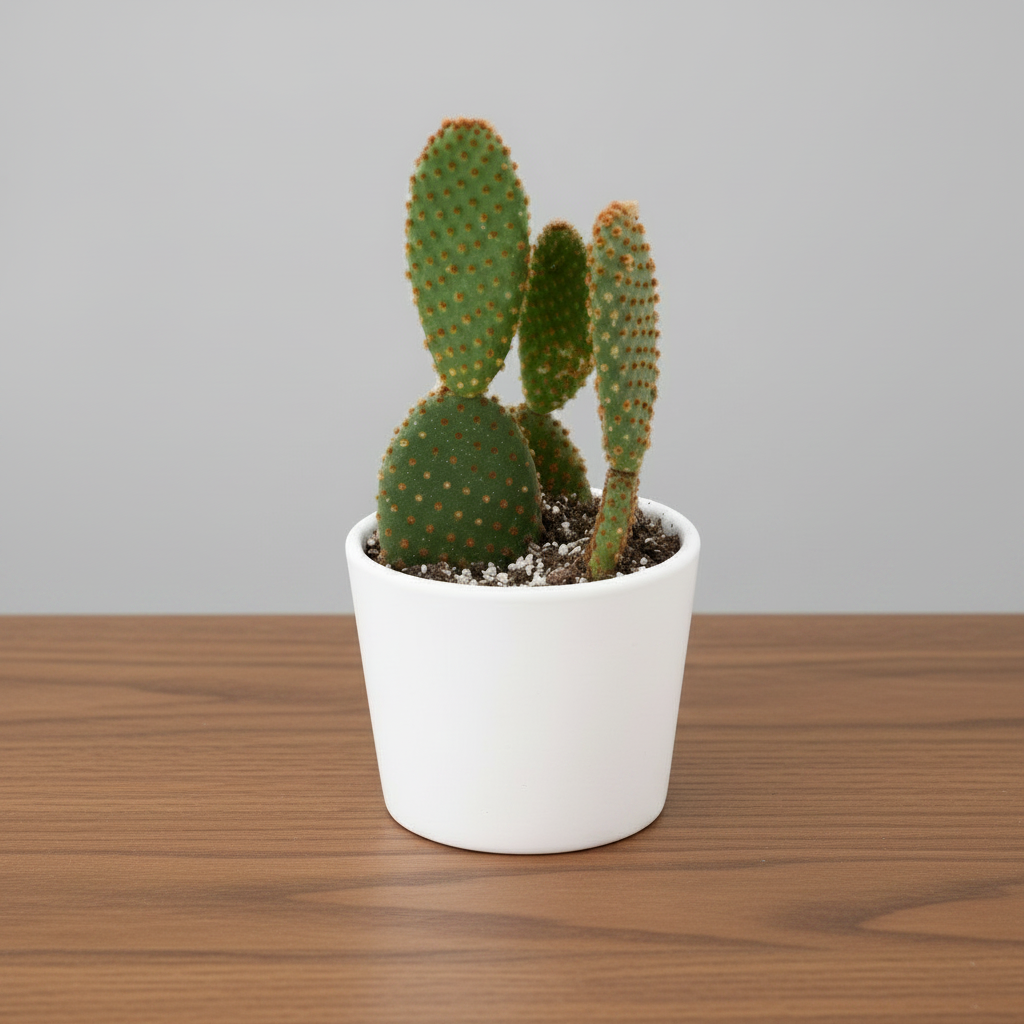 opuntia microdasys bunny ear cactus sitting on a brown table with grey background