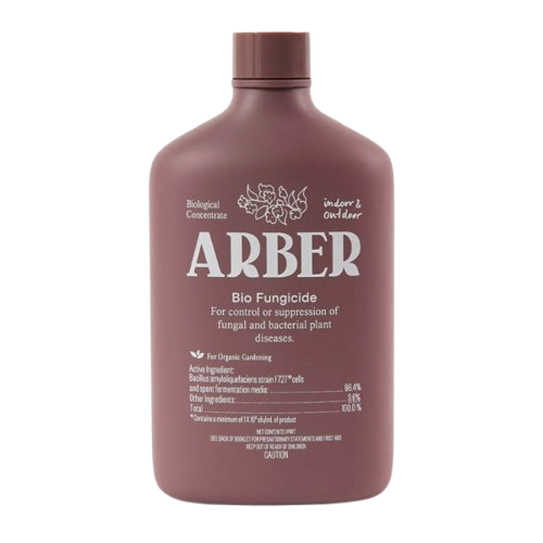 Arber Organic Bio Fungicide in a brown bottle with white text and floral design.