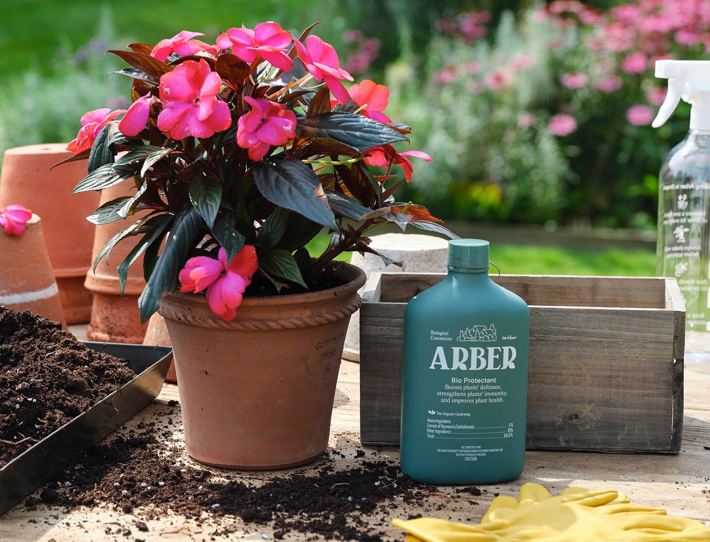 Green Arber Bio Protectant bottle next to a potted pink flowering plant, gardening tools, and soil.