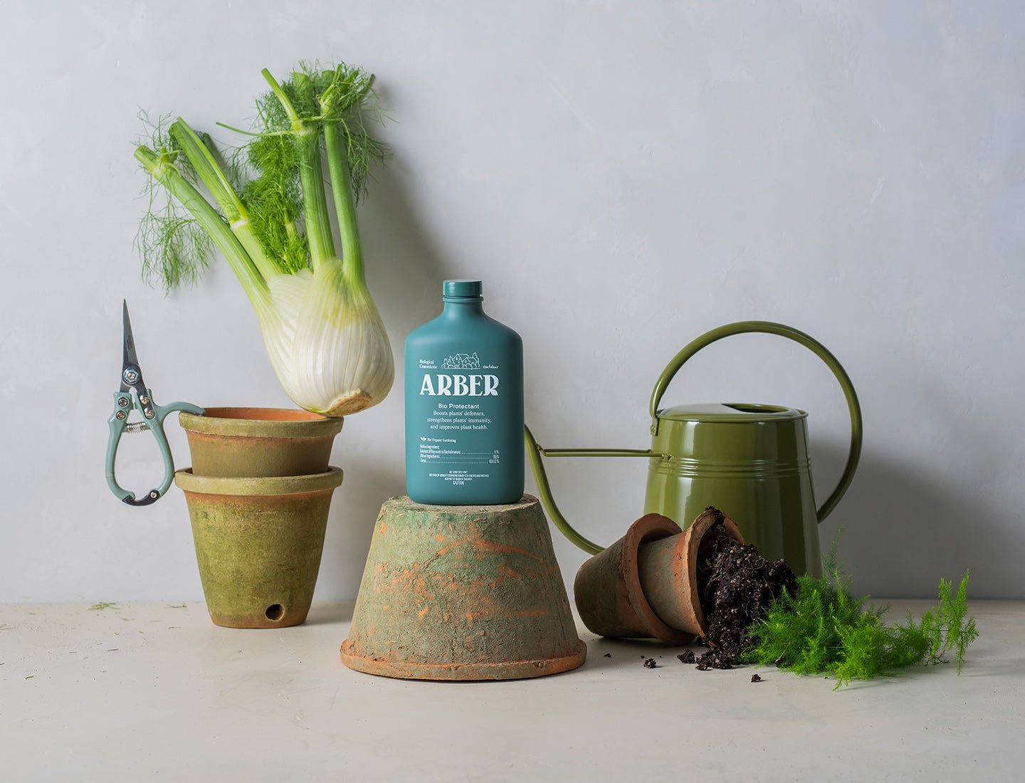 Arber Organic Bio Protectant bottle in teal, with terracotta pots, fennel, green watering can, and gardening shears.