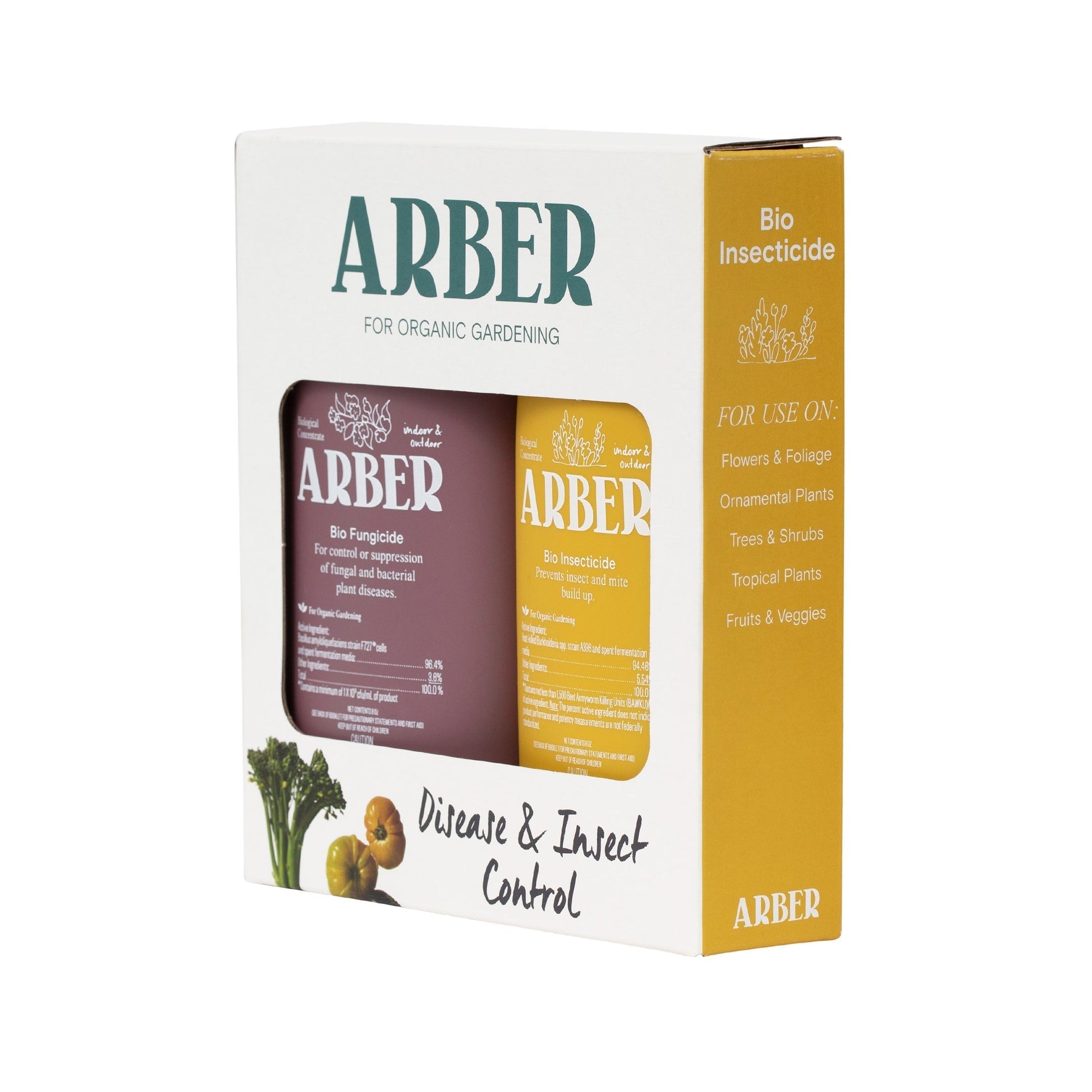 White box with Arber Organic Disease & Insect Control Starter Set, featuring Bio Fungicide (purple) and Bio Insecticide (yellow) bottles.