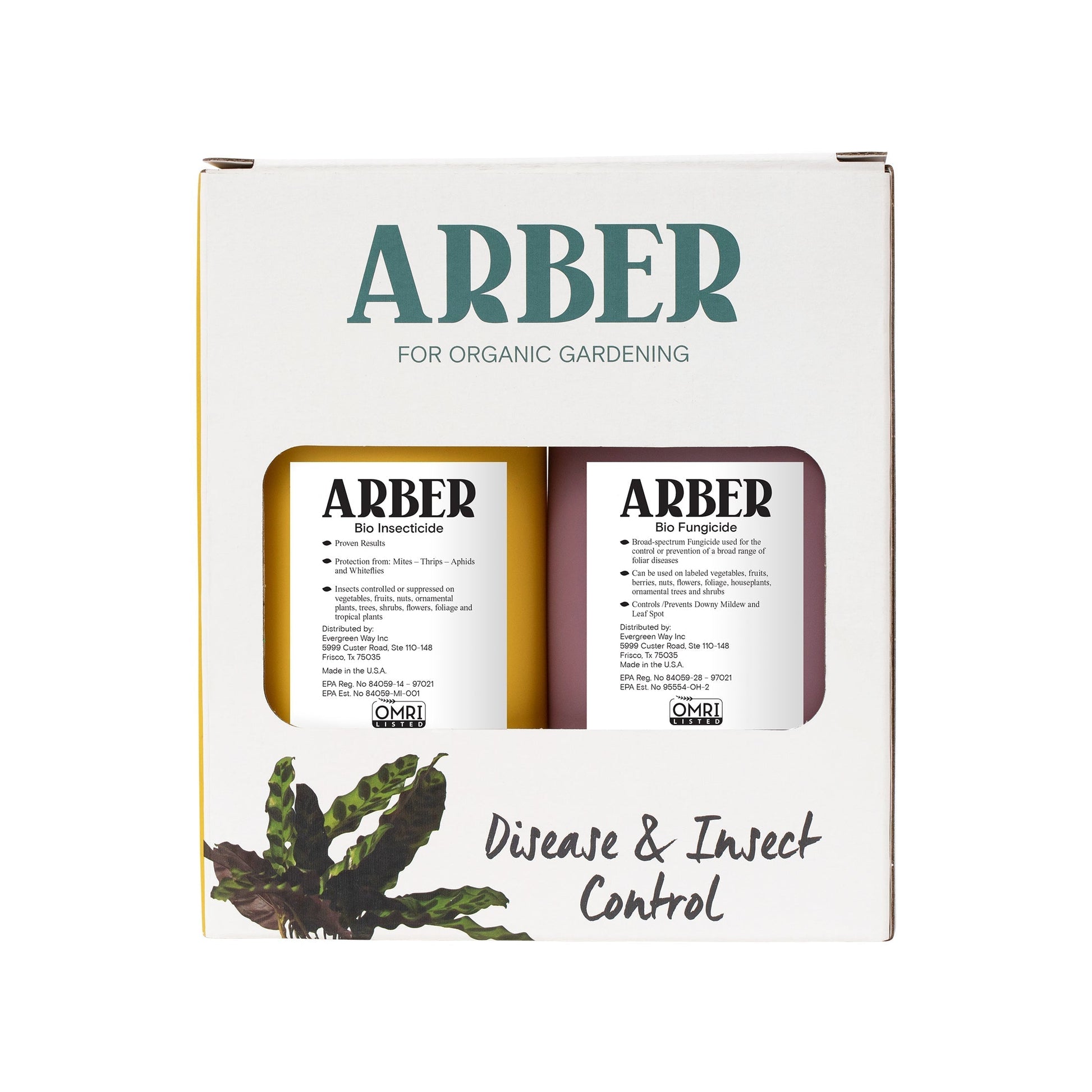 White box with "ARBER FOR ORGANIC GARDENING" and two 8oz bottles of Bio Insecticide (yellow) and Bio Fungicide (purple).