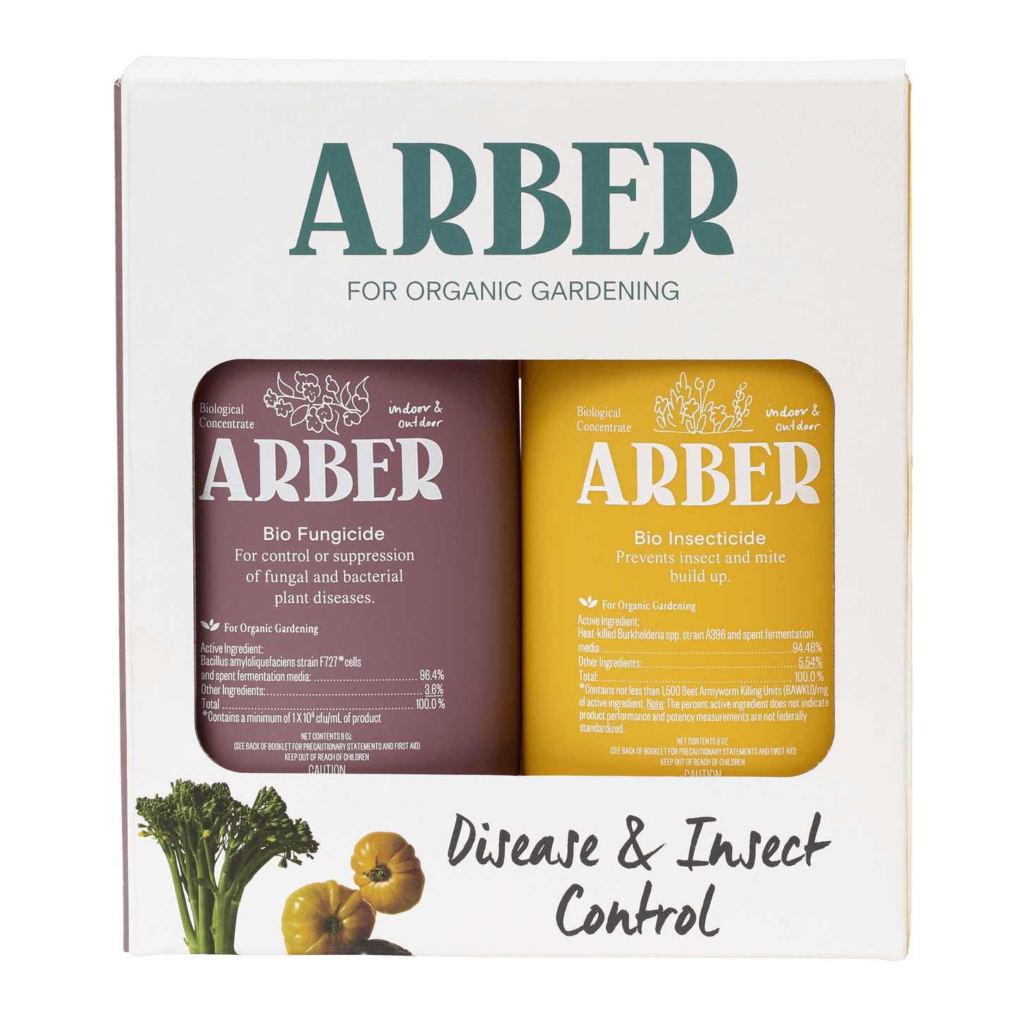 White box with Arber Organic Disease & Insect Control Starter Set, featuring two 8oz concentrates.