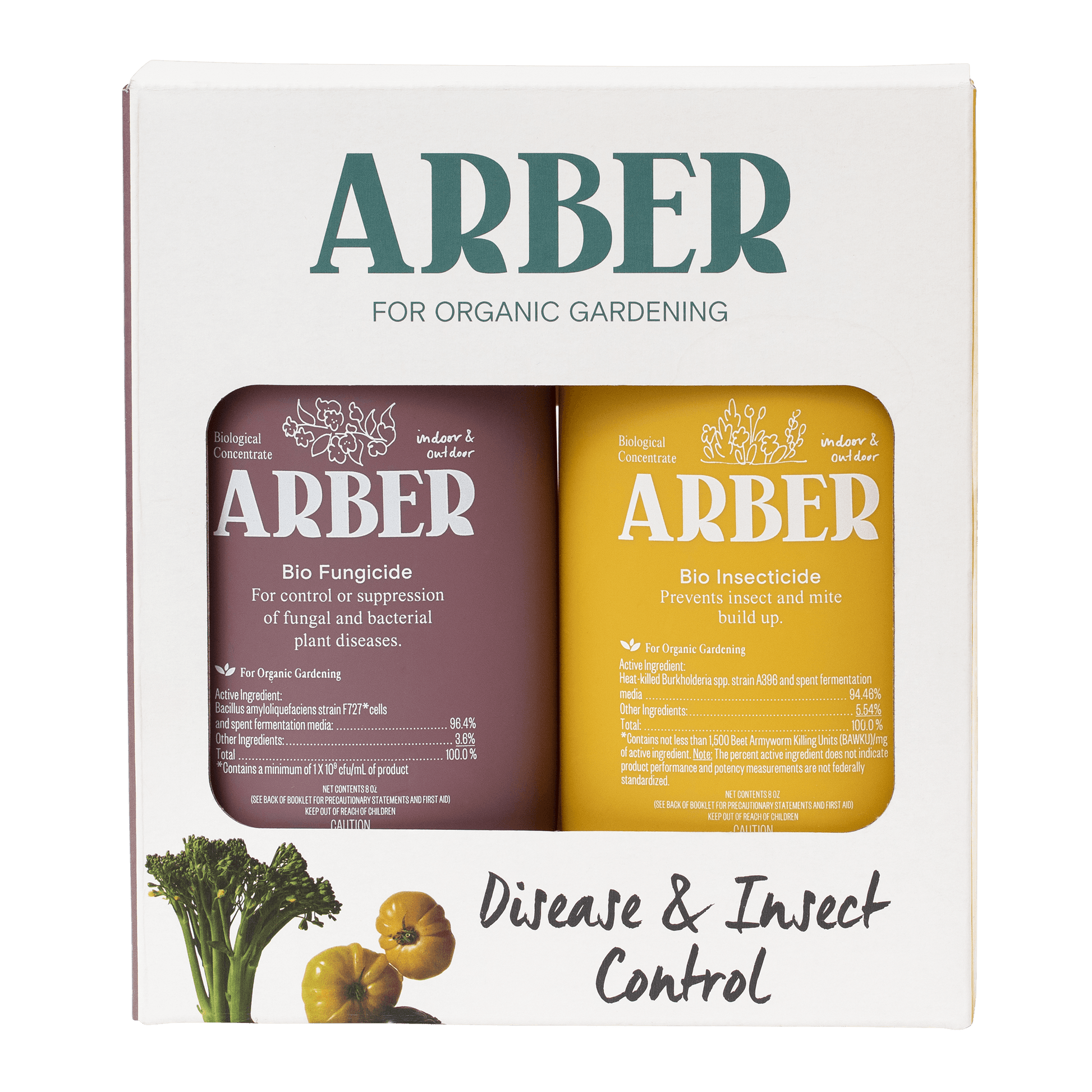 White box with Arber Organic Disease & Insect Control Starter Set, featuring two 8oz concentrates.