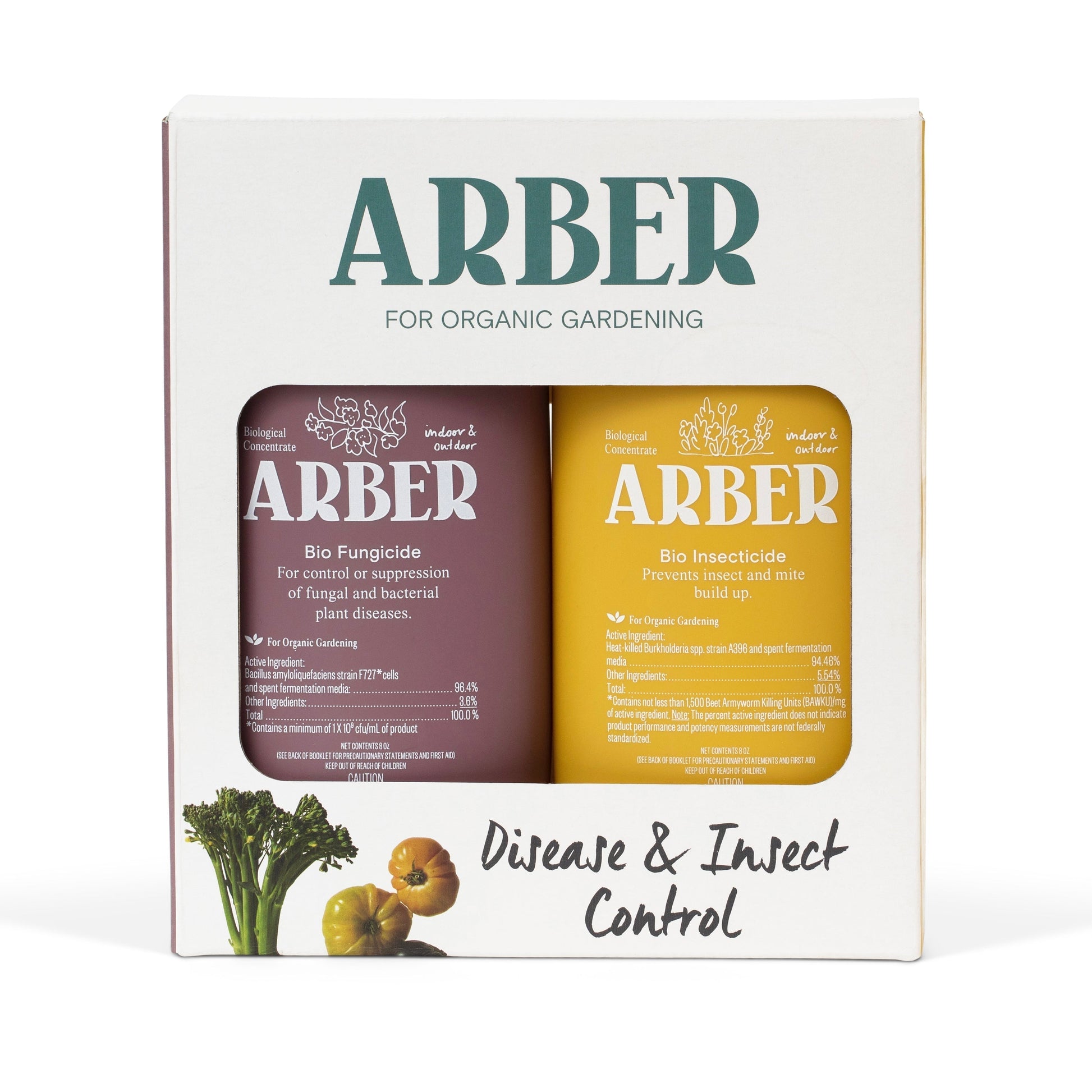 Arber Organic Disease & Insect Control Starter Set with two 8oz concentrates: purple Bio Fungicide and yellow Bio Insecticide.