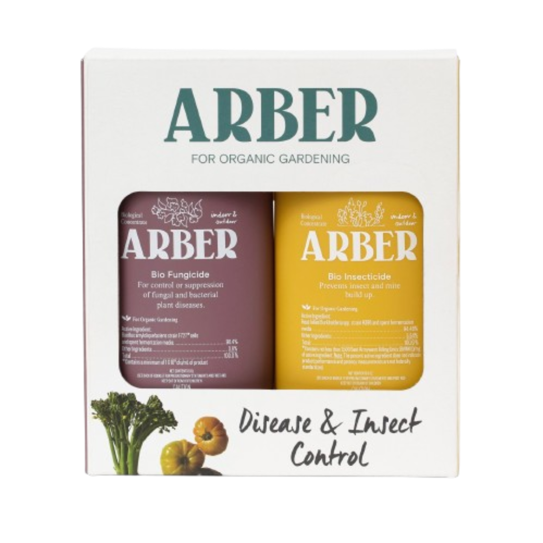Arber Organic Disease & Insect Control Starter Set with purple Bio Fungicide and yellow Bio Insecticide bottles.