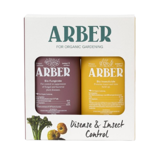 Arber Organic Disease & Insect Control Starter Set with purple Bio Fungicide and yellow Bio Insecticide bottles.