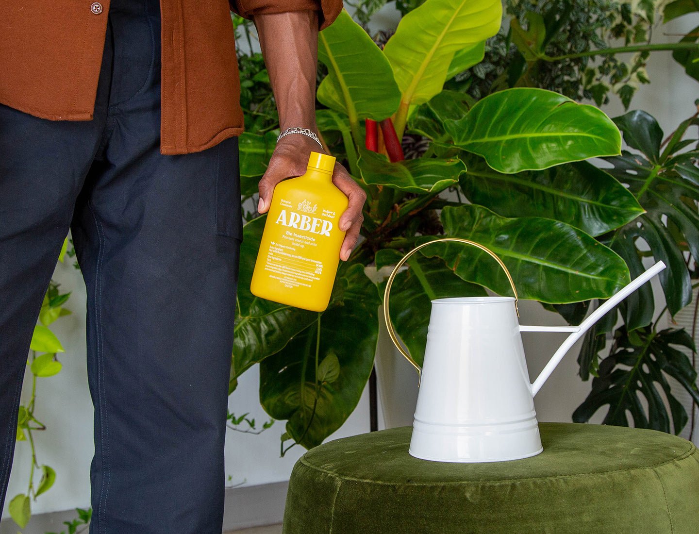 Hand holding a bright yellow Arber Organic Insecticide bottle next to a white watering can and lush green plants.