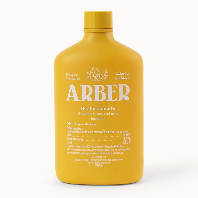 Yellow Arber Bio Insecticide bottle with white label, "Indoor & Outdoor" and "For Organic Gardening" text.