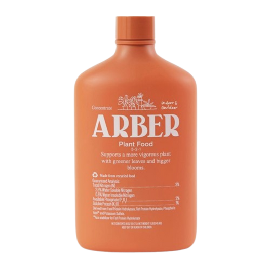 Orange 16oz Arber Organic Plant Food bottle with white text, "indoor & outdoor" and "3-2-1" formula.
