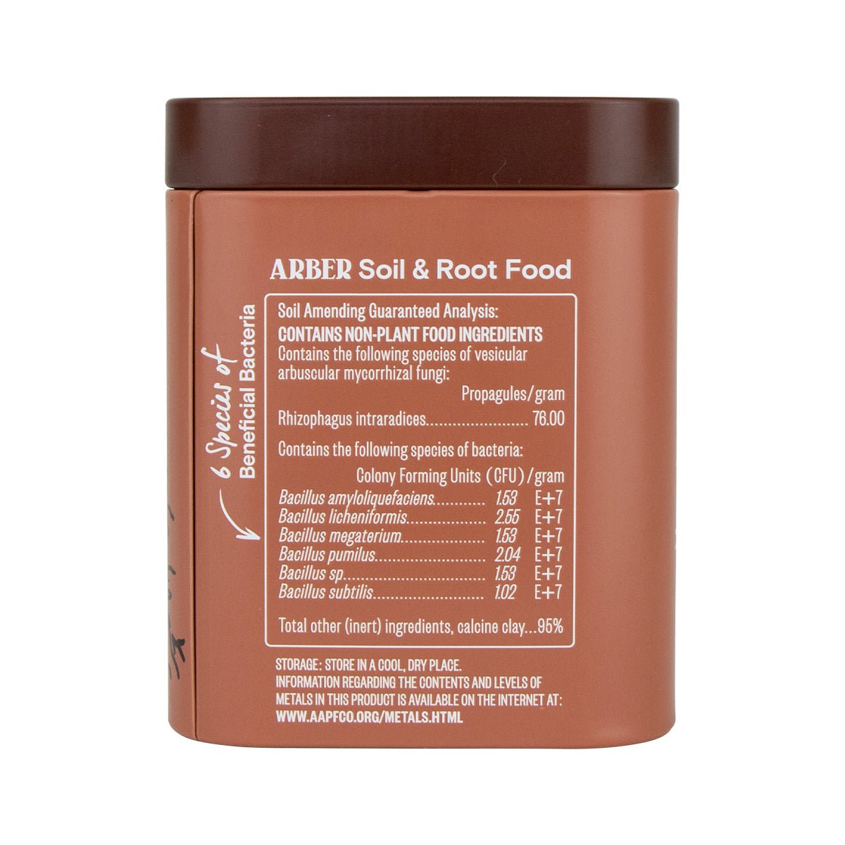 Brown rectangular container of ARBER Soil & Root Food with detailed beneficial bacteria analysis.