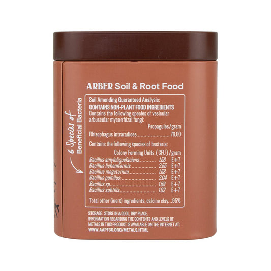 Brown rectangular container of ARBER Soil & Root Food with detailed beneficial bacteria analysis.