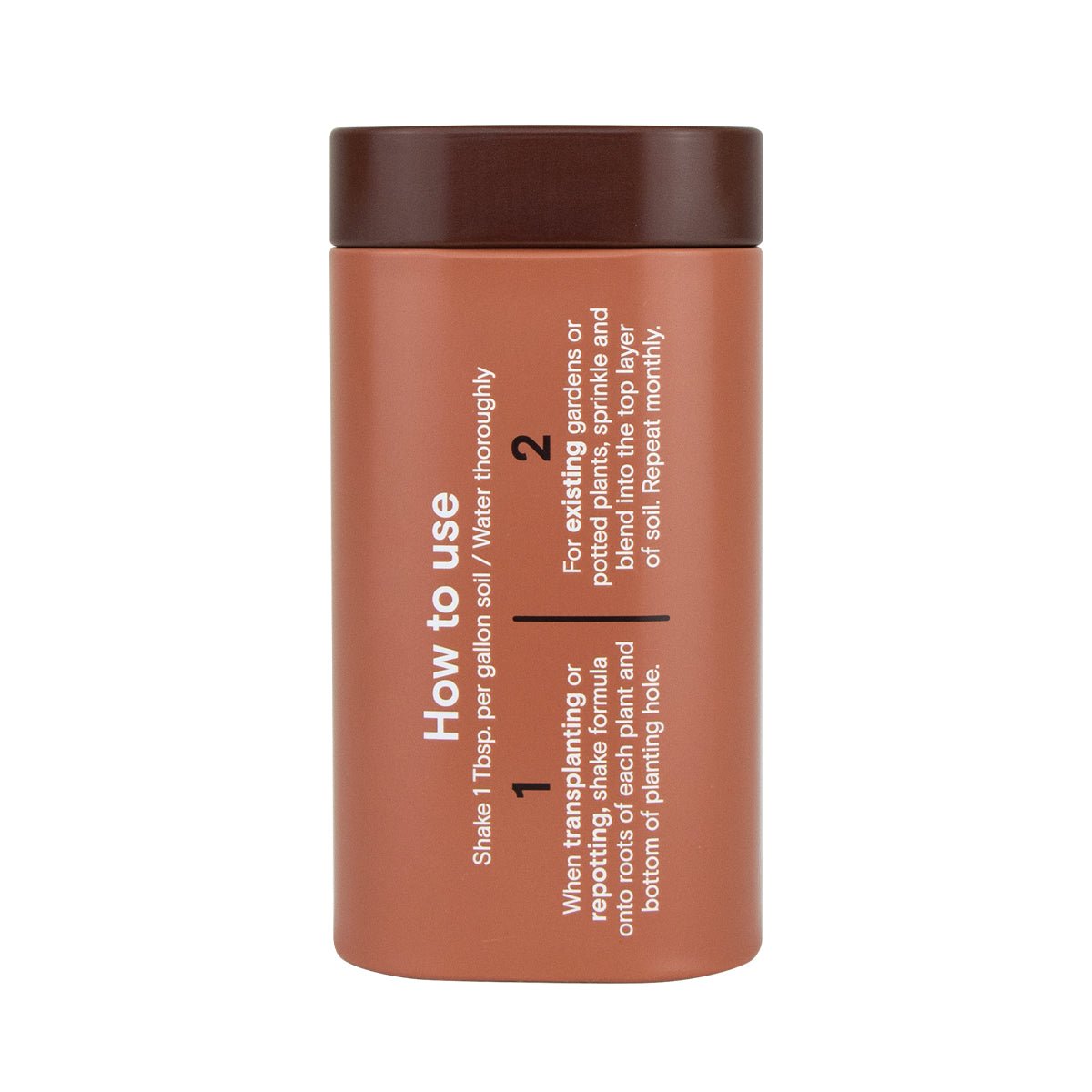 Brown bottle of Organic Soil & Root Boost with "How to use" instructions in white text.