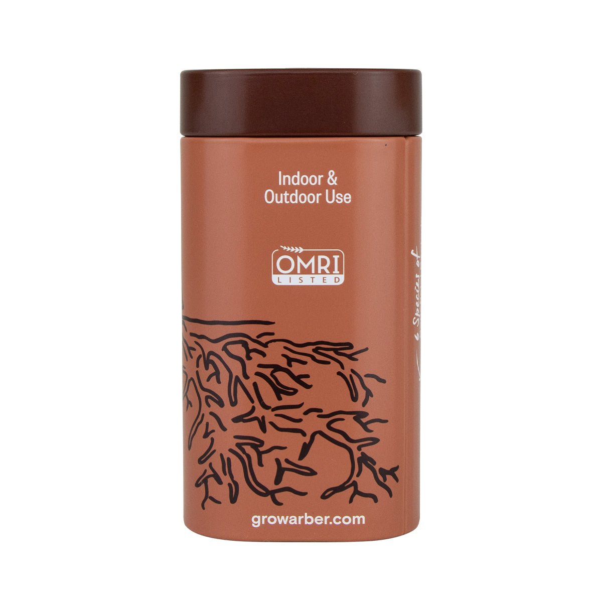 Brown plastic shaker bottle of Organic Soil & Root Boost with "Indoor & Outdoor Use" and root graphic.