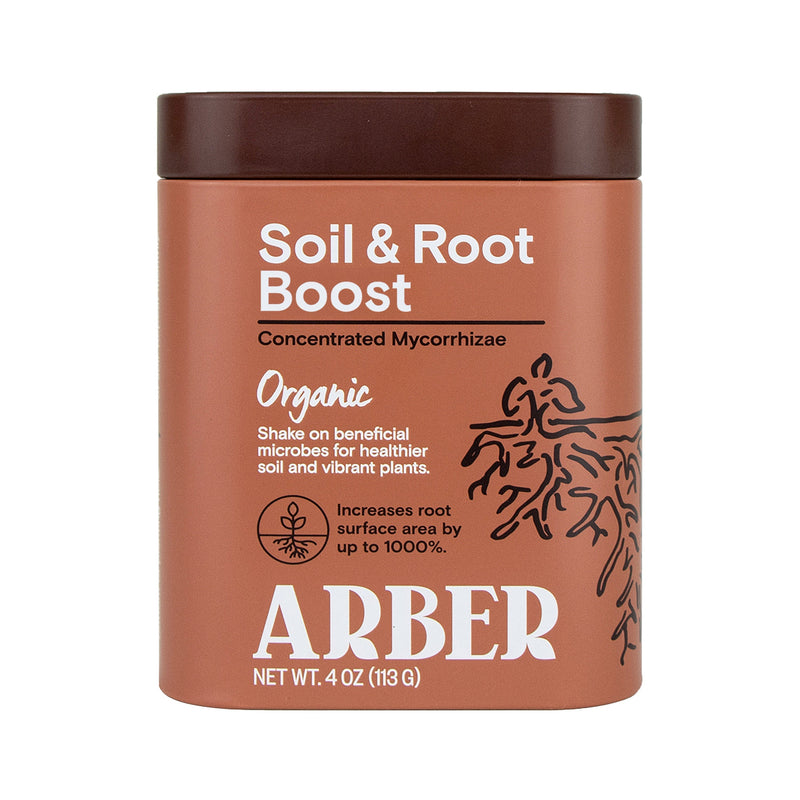 Arber Organic Soil & Root Boost, a 4 oz brown container with a dark brown lid and white text.