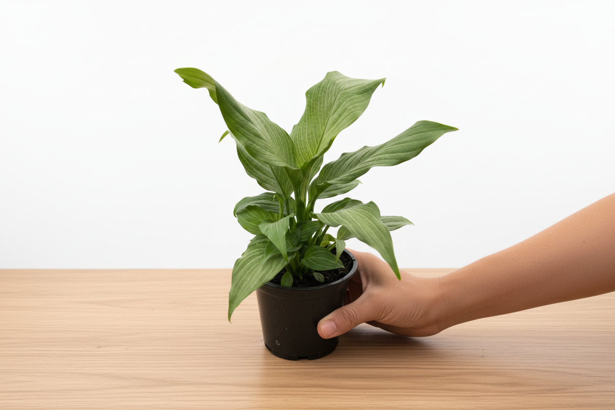 Hand holding a small Peace Lily 'Platinum Mist' plant in a black pot on a light wooden surface.