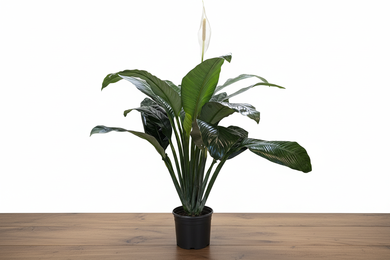 Lush Peace Lily plant with glossy dark green leaves and a single elegant white bloom in a black pot.