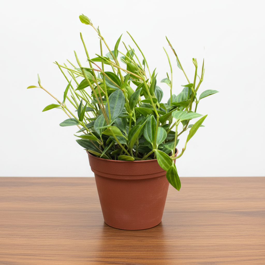 Peperomia 'Angulata' in a brown pot, showing dark green leaves with pale stripes and slender red stems.