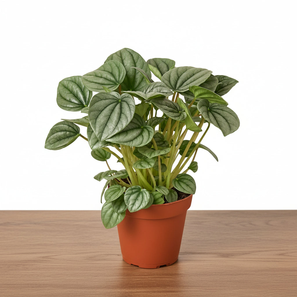 Peperomia 'Frost' plant in a brown pot, featuring thick, circular, silvery-green leaves.