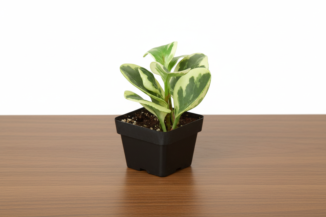 Compact Peperomia 'Marble' plant with marbled silver, cream, and green leaves in a black pot.