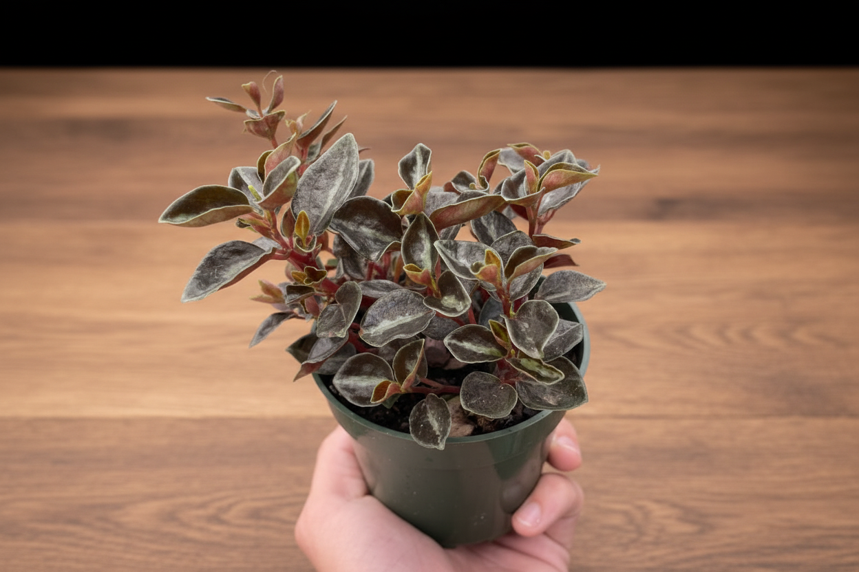 Hand holding a potted plant with variegated leaves on a white background