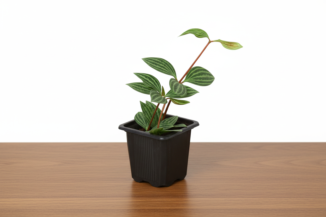 Potted plant with green leaves in a black pot on a white background