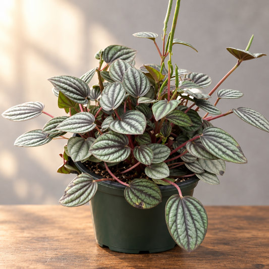 Potted peperomia ‘picollo banda’ plant with green leaves in a green pot on a brown surface with grey background.