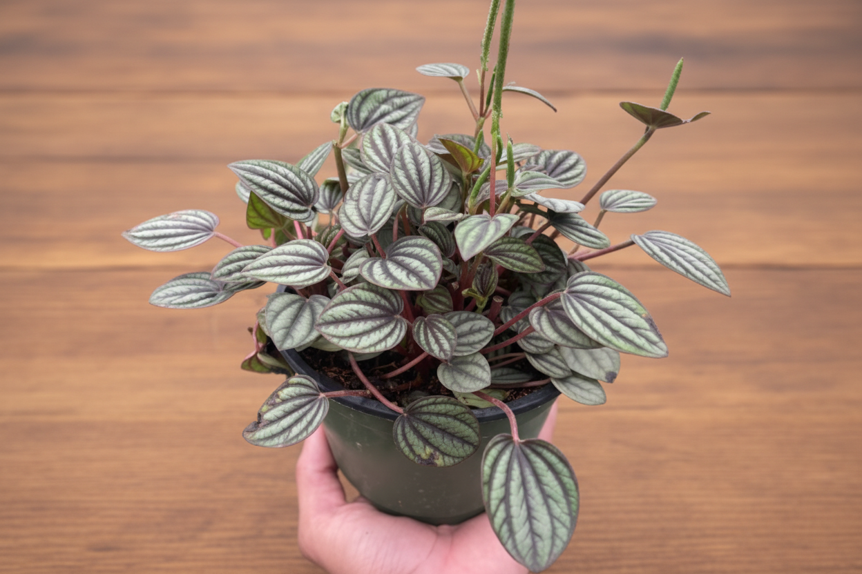 Potted plant held by a hand on a white background