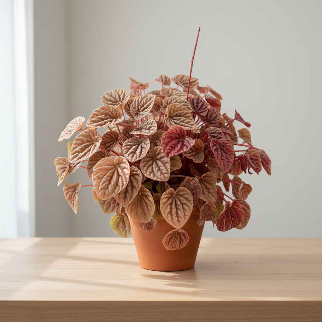 Peperomia 'Quito' houseplant in a terracotta pot, featuring textured bronze, rust, and gold heart-shaped leaves.