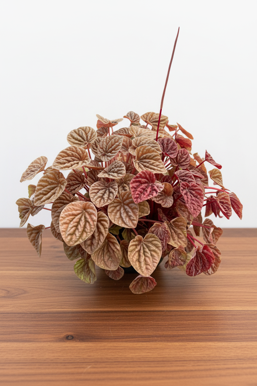 Peperomia 'Quito' houseplant with textured, heart-shaped leaves in bronze, rust, and gold on a wooden surface.