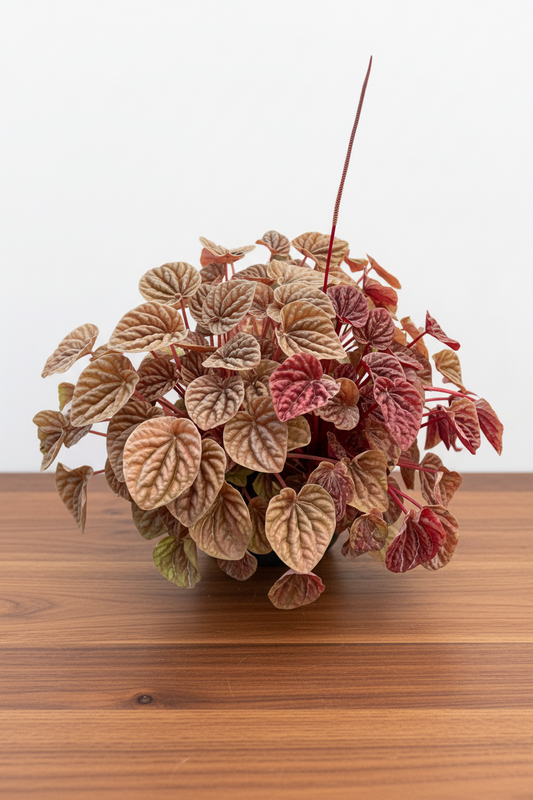 Peperomia 'Quito' houseplant with textured, heart-shaped leaves in bronze, rust, and gold on a wooden surface.