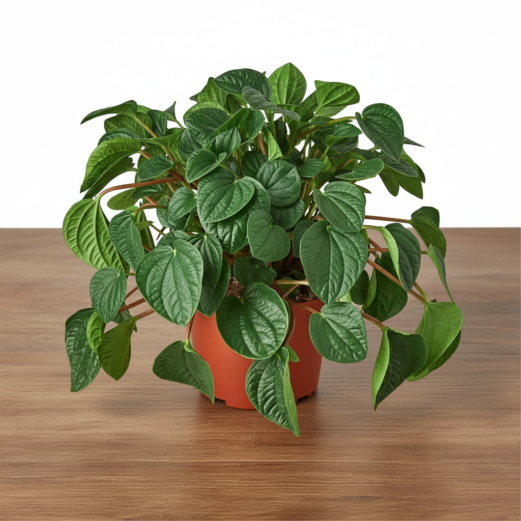 Potted plant with green leaves on a white background