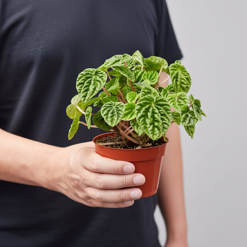 Person holding a potted plant with green leaves with a black shirt