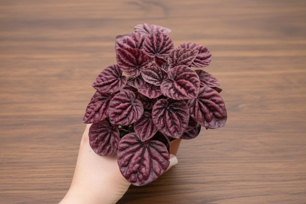 Hand holding a compact Peperomia 'Ripple Red' plant with deeply corrugated, burgundy-red heart-shaped leaves.