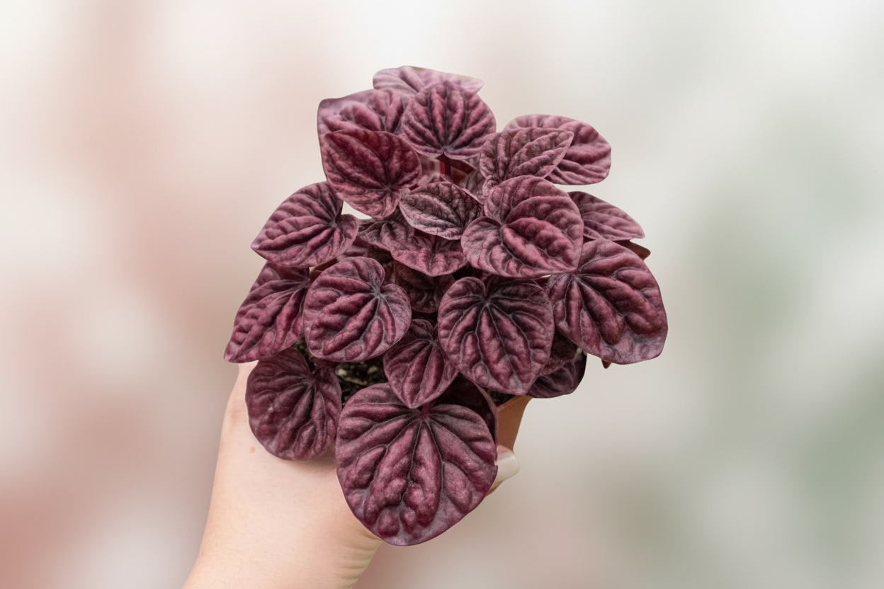 Hand holding a compact Peperomia 'Ripple Red' plant with deeply corrugated, burgundy-red heart-shaped leaves.
