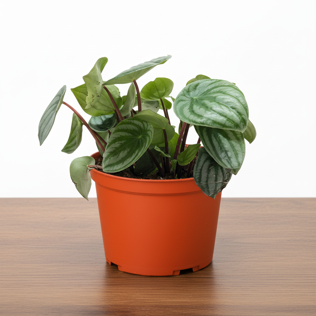 Compact Watermelon Peperomia plant in an orange pot on a wooden surface.