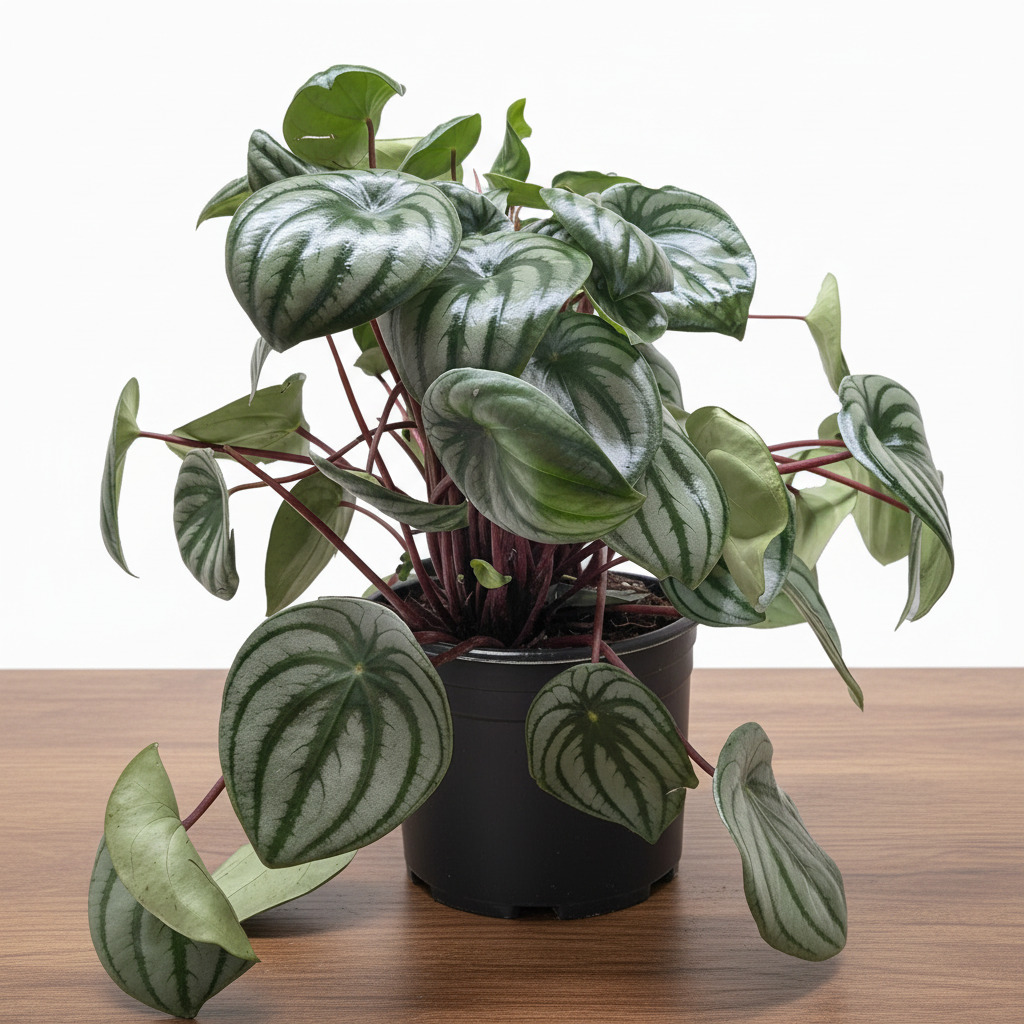 Watermelon Peperomia plant in a black pot, featuring oval leaves with silver stripes and red stems.