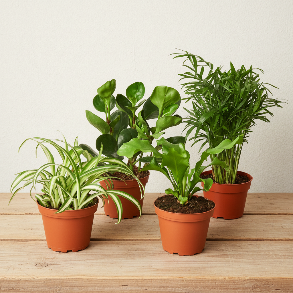 Four pet-friendly houseplants in terracotta pots: spider plant, peperomia, bird's nest fern, and parlor palm.