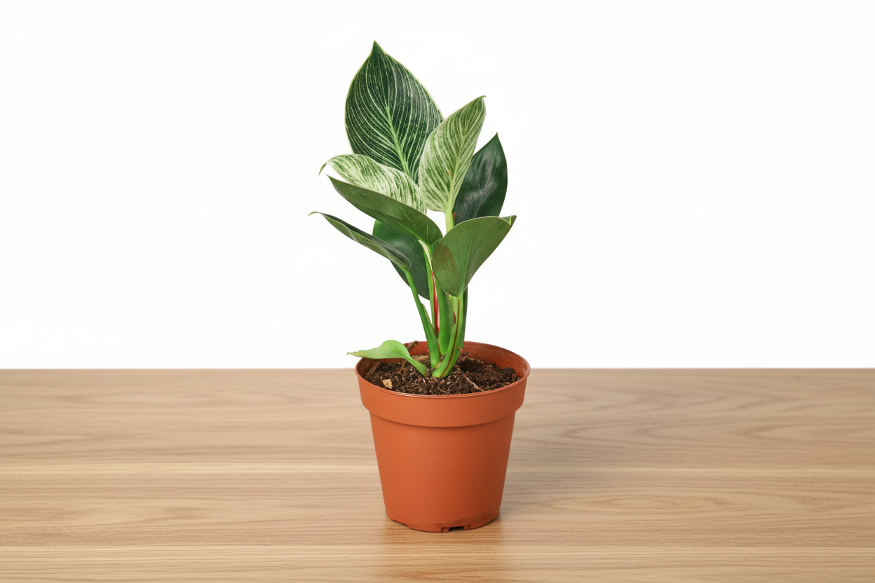 Philodendron Birkin houseplant in a brown pot, displaying deep green leaves with creamy white pinstripes.