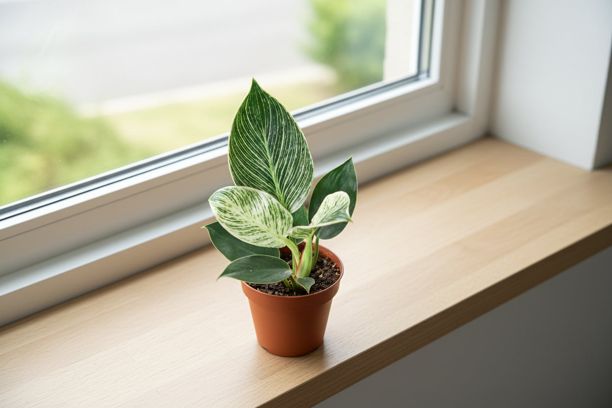 Compact Philodendron Birkin houseplant with deep green, white-pinstriped leaves in a terracotta pot on a wooden windowsill.