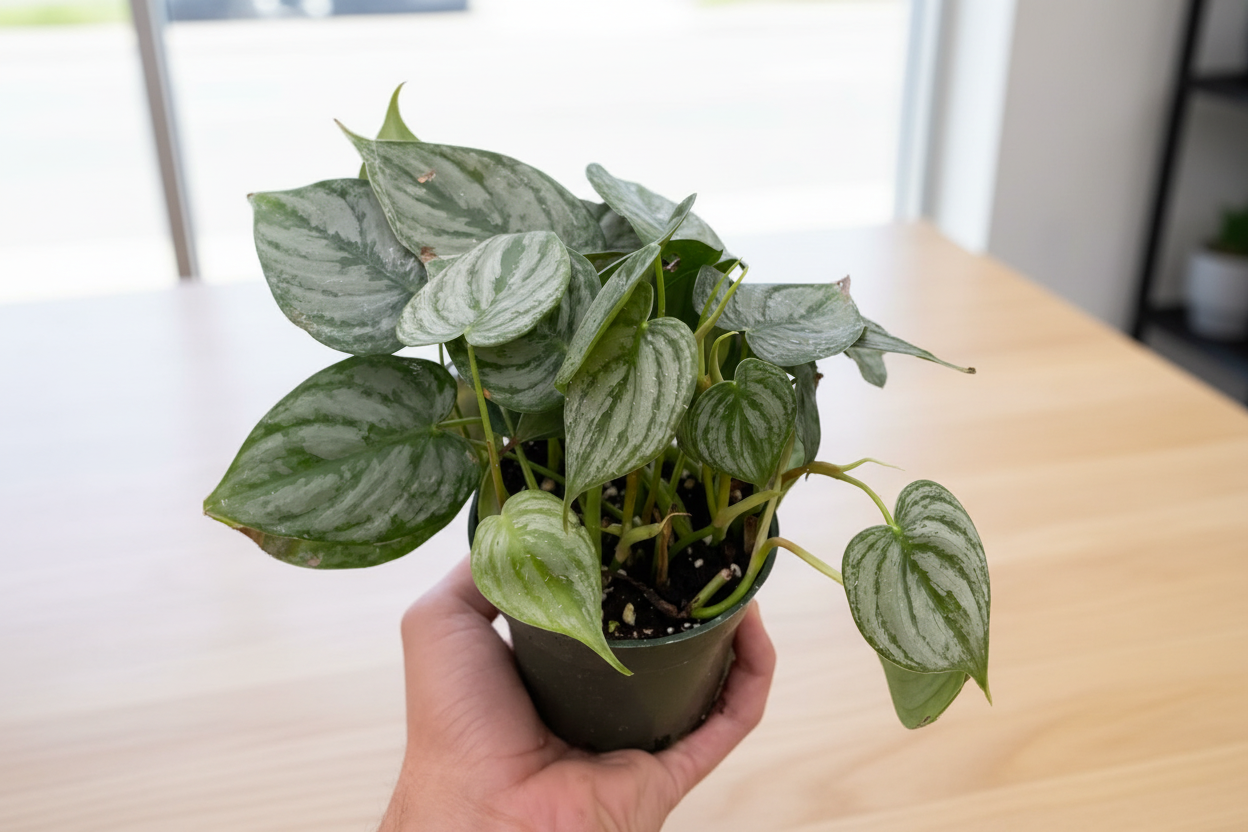 Hand holding a Philodendron 'Brandi' plant with striking silver and green mottled foliage in a dark pot.