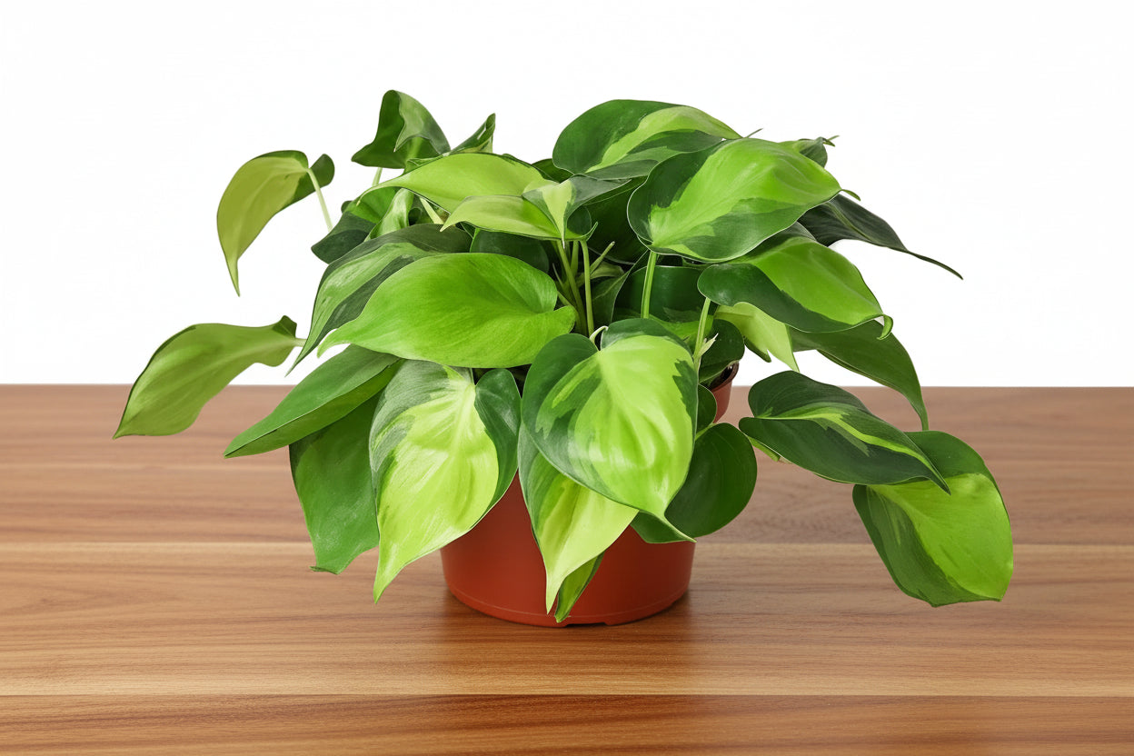 Vibrant Philodendron Brasil plant with variegated green and yellow leaves in a terracotta pot on a wooden surface.